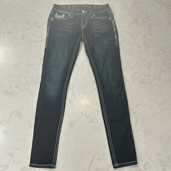 Rock Revival Karla Skinny Jean 27 Embellished Bling Low Rise Dark Wash - Picture 2 of 16